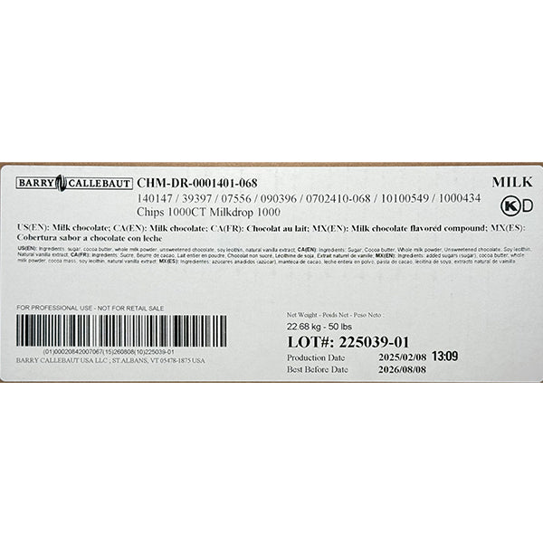 CALLEBAUT - MILKDROP 1000 MILK CHOCOLATE CHIPS 22.68KG