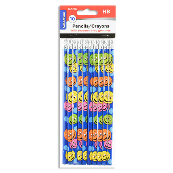 SELECTUM - 10PK ASST EMOJIS WOOD PENCIL HB W/ERASER TOP EA