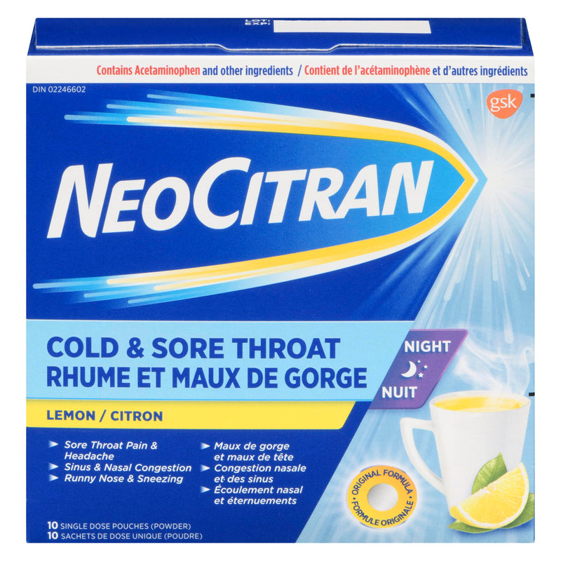 NEO CITRAN - COLD & SORE THROAT NIGHT LEMON 10EA