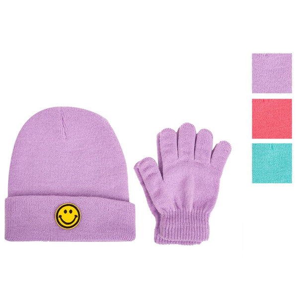 NORDIC TRIAL - GIRLS SMILEY BEANIE AND GLOVE SET 3COLORS 1 PK