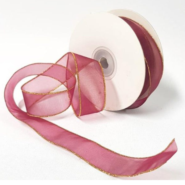 2.5IN RED/GOLD SHEER FROST WIRED RIBBON 50YDS