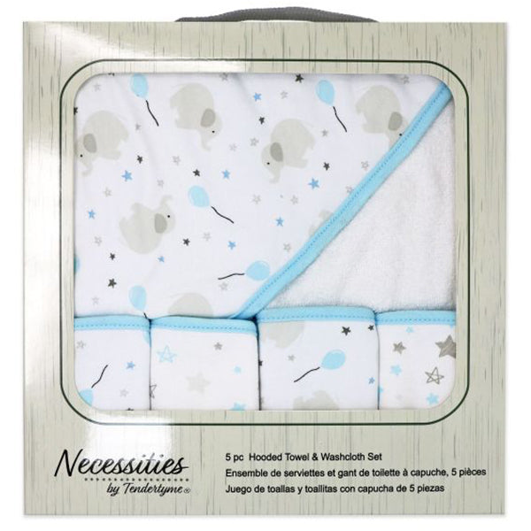 BABY GIFT SET - 5 PC BOXED HOODED TOWEL AND WASHCLOTH SET- BLUE EA