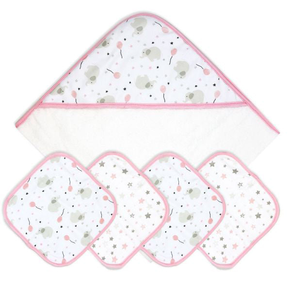 BABY GIFT SET - 5 PC BOXED HOODED TOWEL AND WASHCLOTH SET- PINK EA