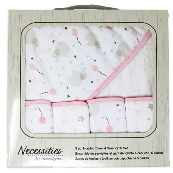 BABY GIFT SET - 5 PC BOXED HOODED TOWEL AND WASHCLOTH SET- PINK EA