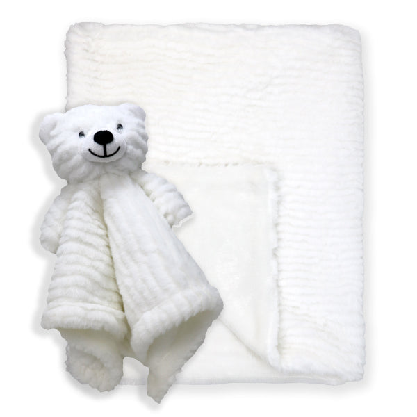 RIDGED PLUSH BLANKET W/NUNU WHITE BEAR 14x14 IN
