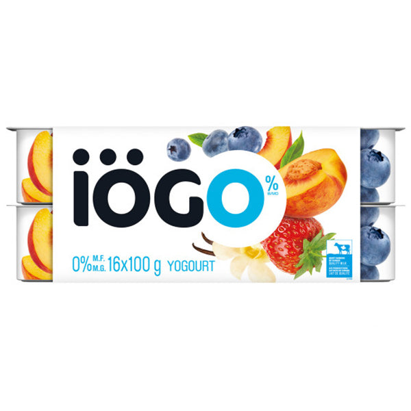 IOGO - 0% STRAWBERRY, BLUEBERRY, PEACH & VANILLA YOGURT 16x100 GR