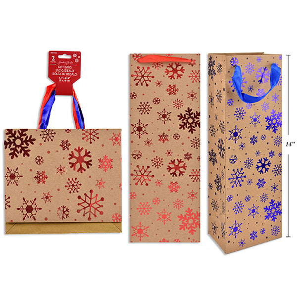 SANTA STUDIO - XMAS KRAFT SNOWFLAKE BOTTLE GIFT BAG 2 PK