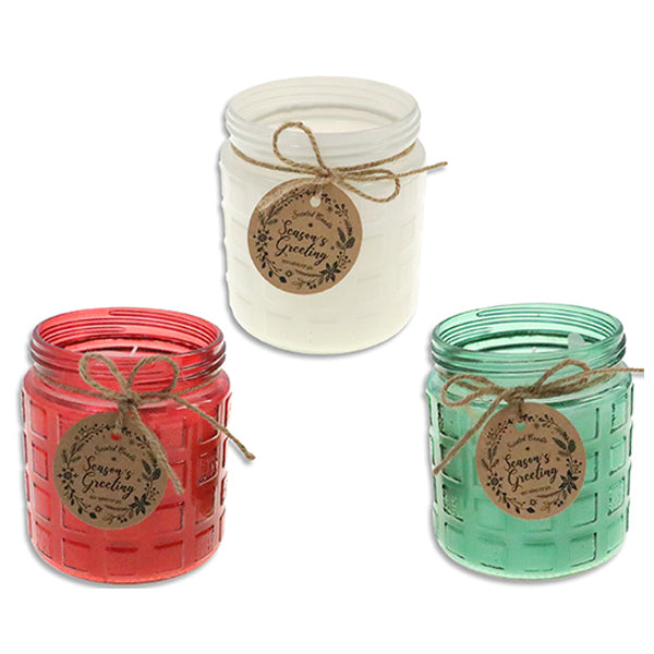 XMAS SCENTED CANDLE IN CHECKERED GLASS HOLDER 4-3/4IN