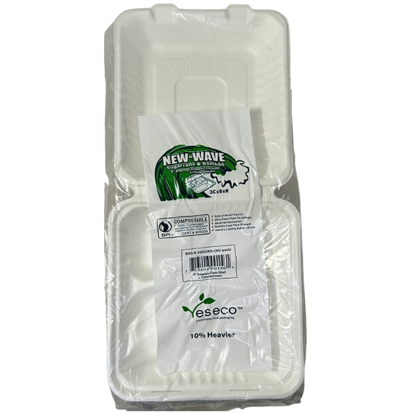 NEW WAVE - 8in BAGASSE 3 COMP CLAMSHELL 50EA