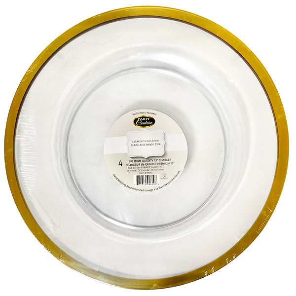 PARTY  COUTURE - 13IN CLEAR CHARGER PLATE WITH GOLD BAND 4 PK