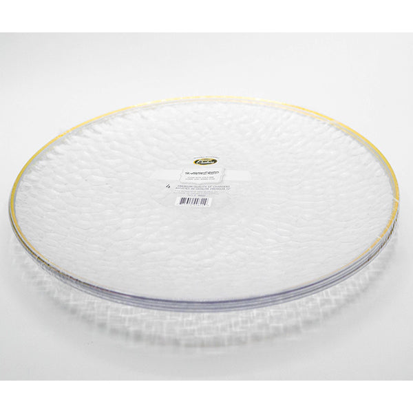 PARTY  COUTURE - HAMMER CLEAR 13IN CHARGER WITH GOLD RIM 4 PK