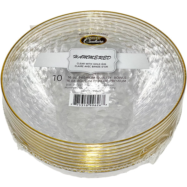 MADISON - 16OZ HAMMERED CLEAR W/ GOLD RIM BOWLS 10PK