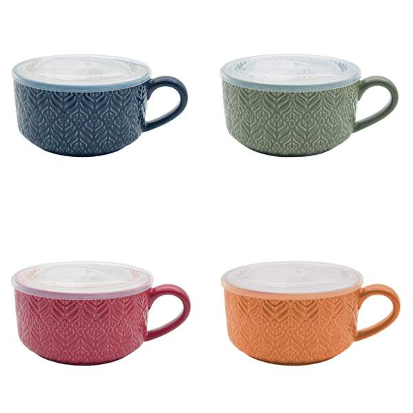 S&CO HOME - EMBOSSED SOUP MUG WITH LIDS ASSORTED 440ML EA