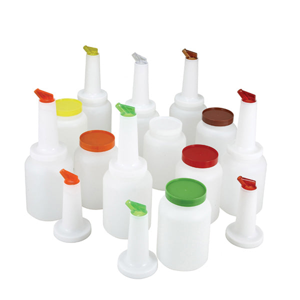 WINCO - 1qt LIQUOR/JUICE POUR BOTTLE SET, 2 of EACH  COLOR EA