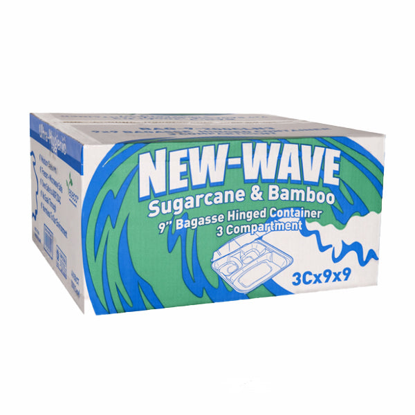 NEWWAVE - 9IN COMPOSTABLE BAGASSE 3 COMPARTMENT HINGED 4x50EA