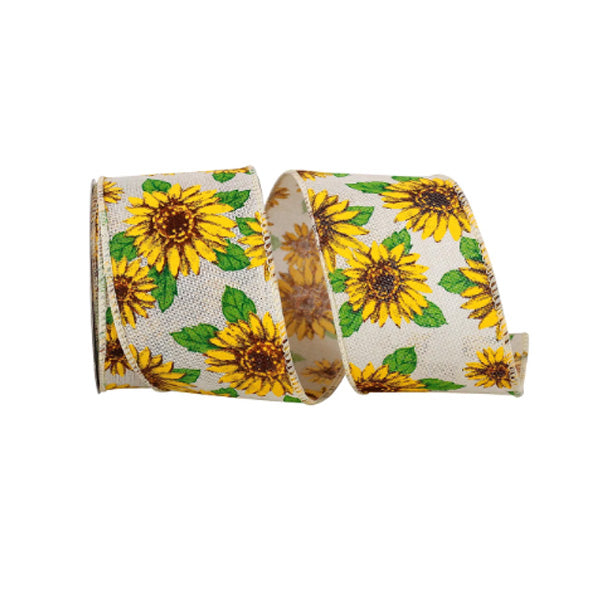 ACTION IMPORT - 2.5IN NATURAL YELLOW SUNFLOWER ALL AROUND LINEN WIRED RIBBON EA