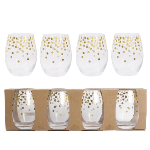 DECO L - HOLIDAY CHEER SET/4 GOLD DOT STEMLESS WINE GLASSES EA