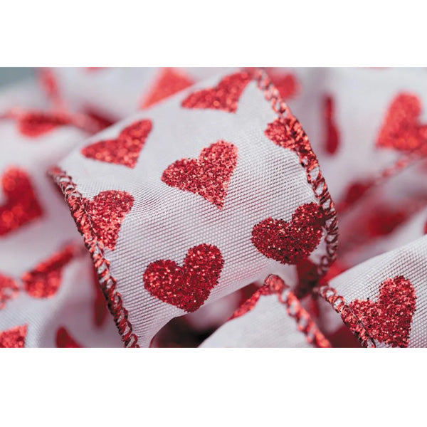 ACTION IMPORT - 1.5IN RED GLITTER HEARTS ON WHITE WIRED RIBBON 50YDS EA