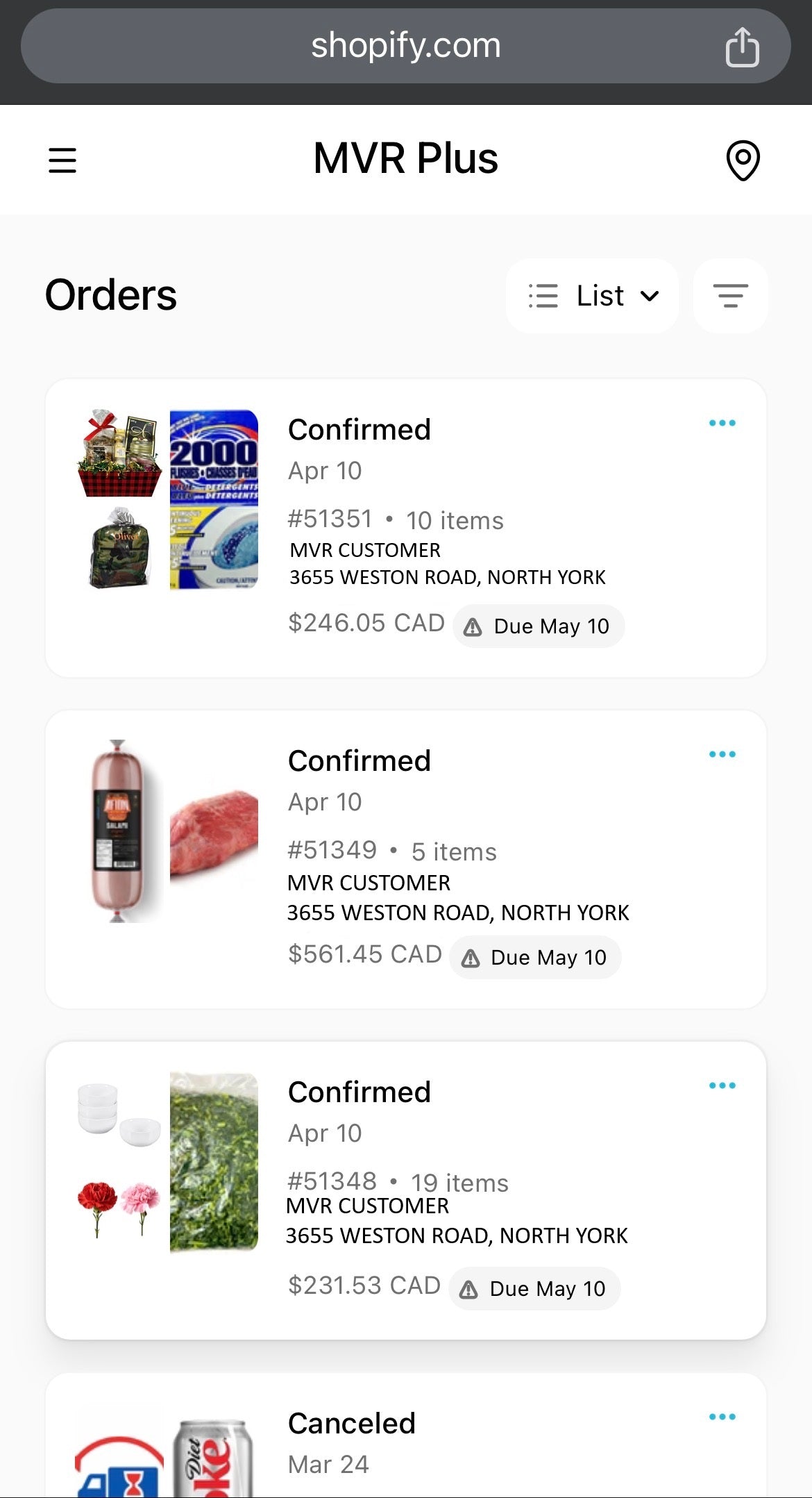 The account home page showing past orders